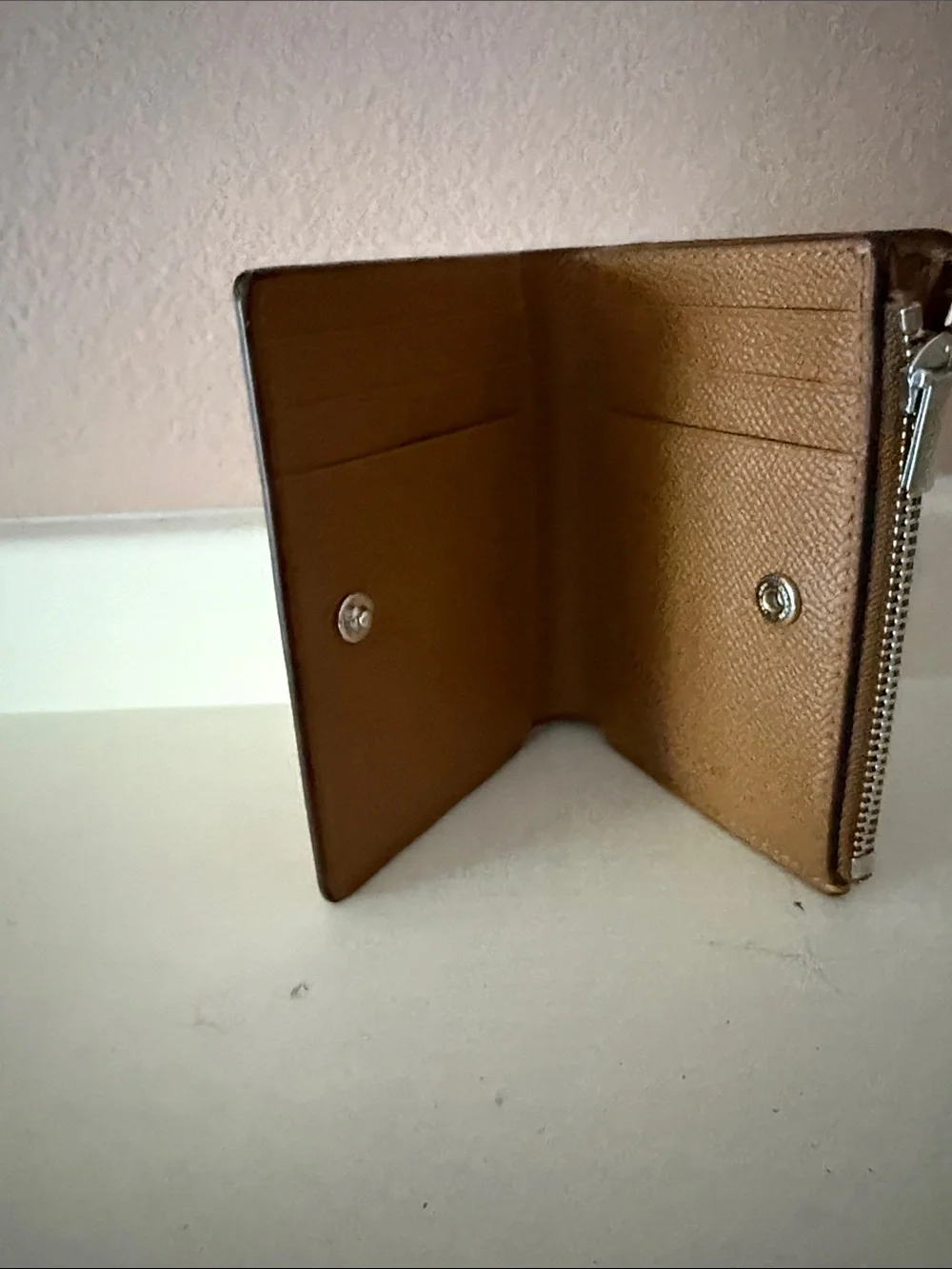 COACH Tan Pebbled Leather Zip Card Case with Logo